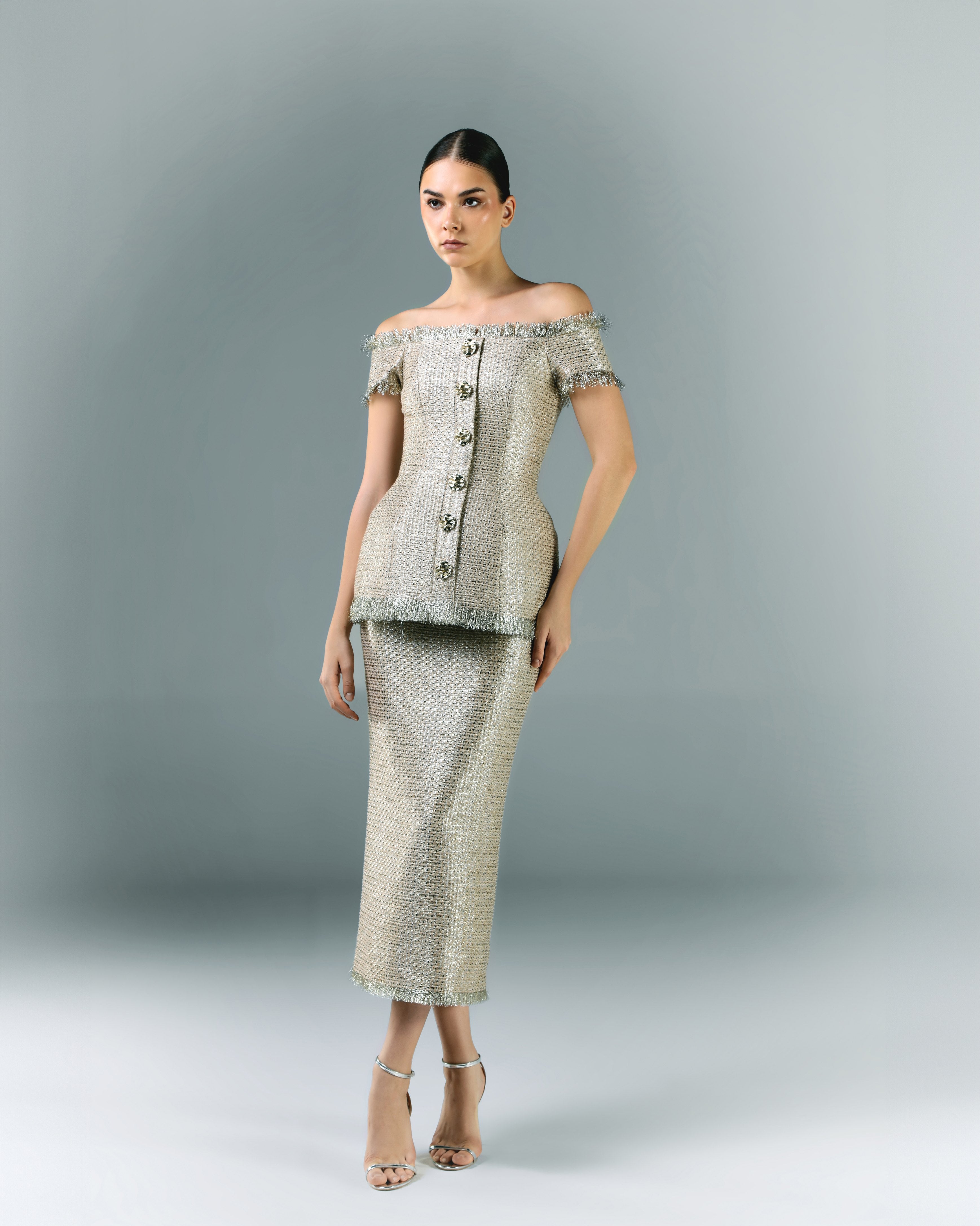 Gold Tweed Corset With Pencil Skirt | Elio Abou Fayssal
