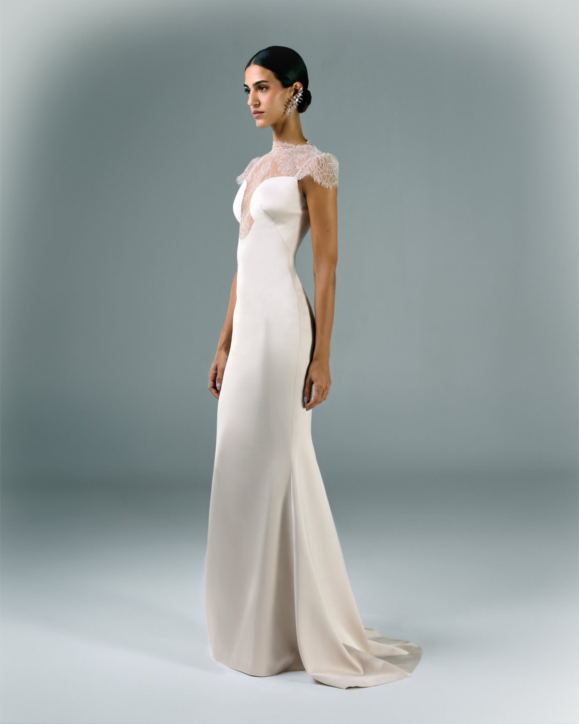 Long Crepe Satin Dress with Lace Cutout 48 Long Crepe Satin Dress with Lace Cutout 48