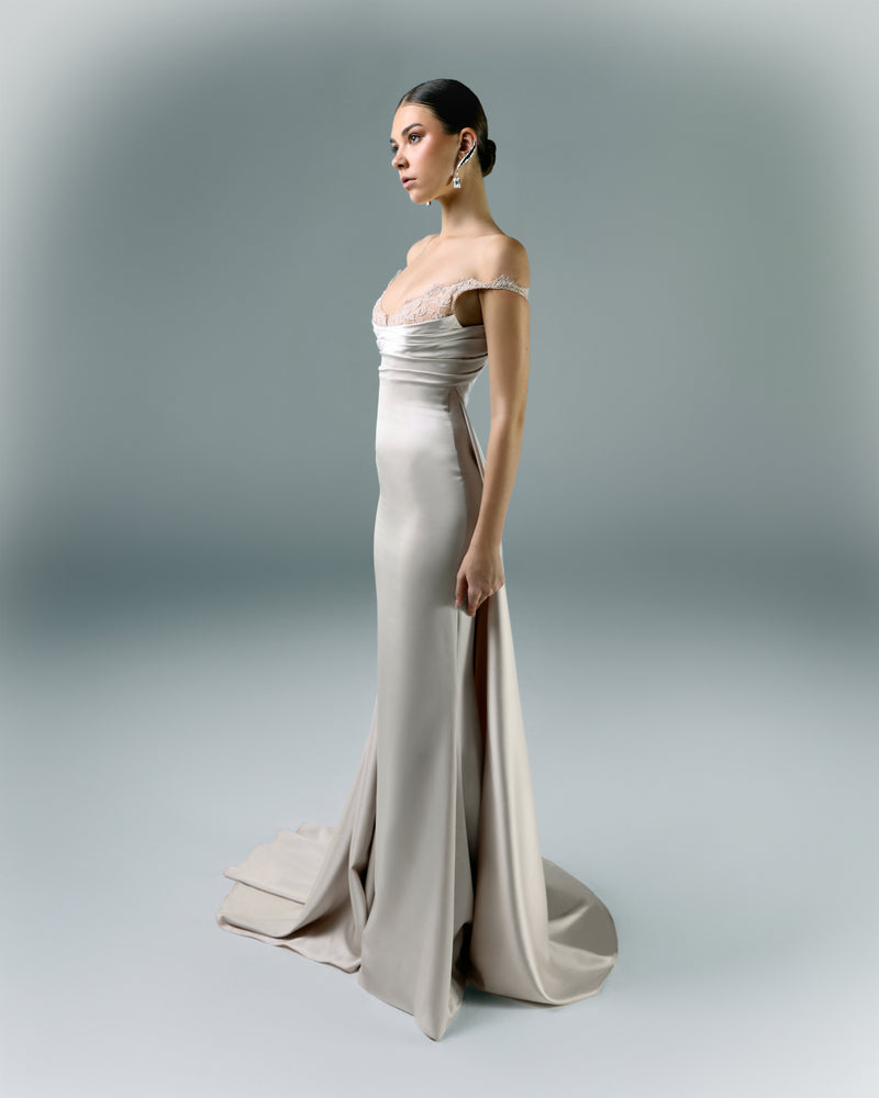 Long Draped Dress With Lace Cut On The Bust