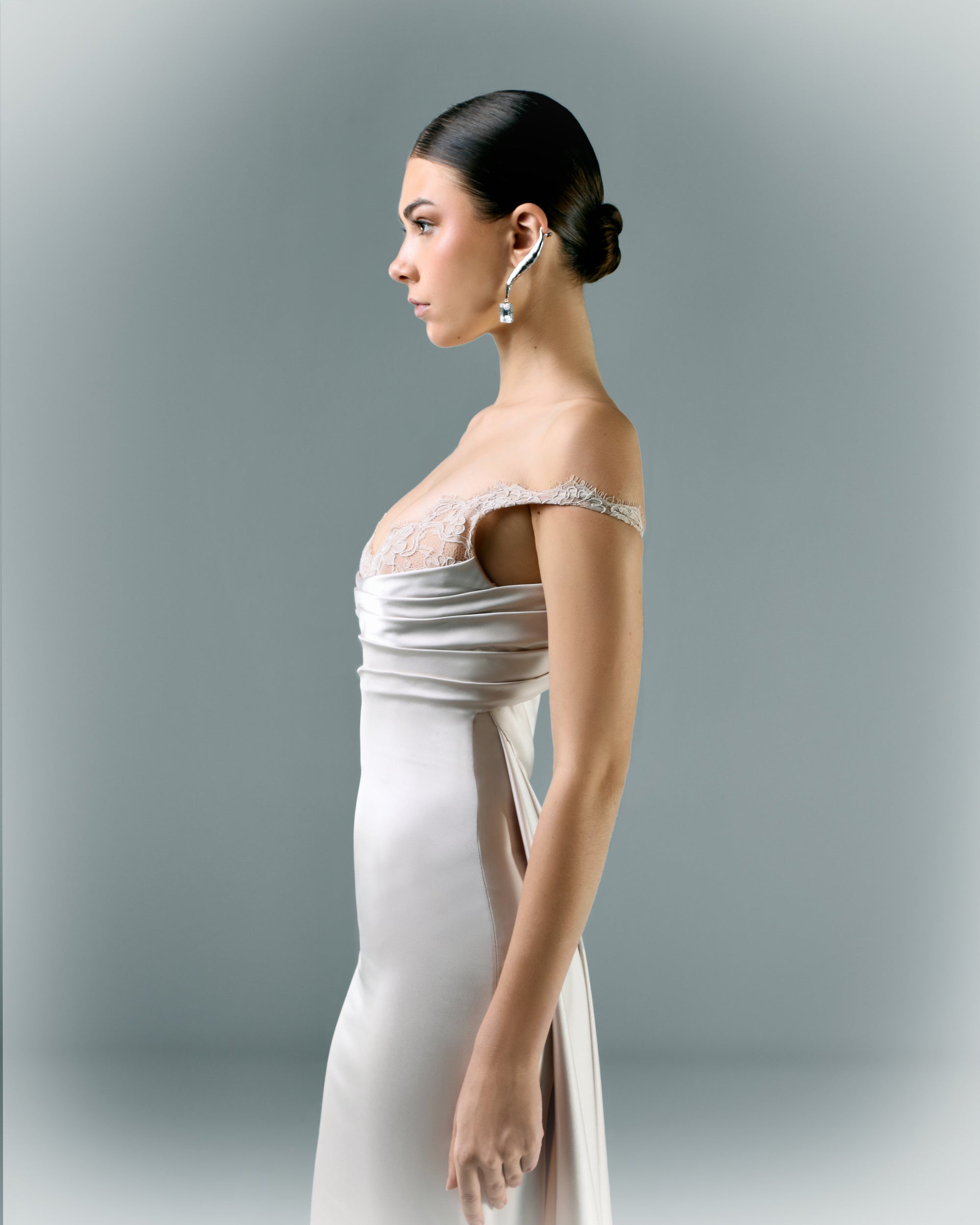 Long Draped Dress With Lace Cut On The Bust Long Draped Dress With Lace Cut On The Bust