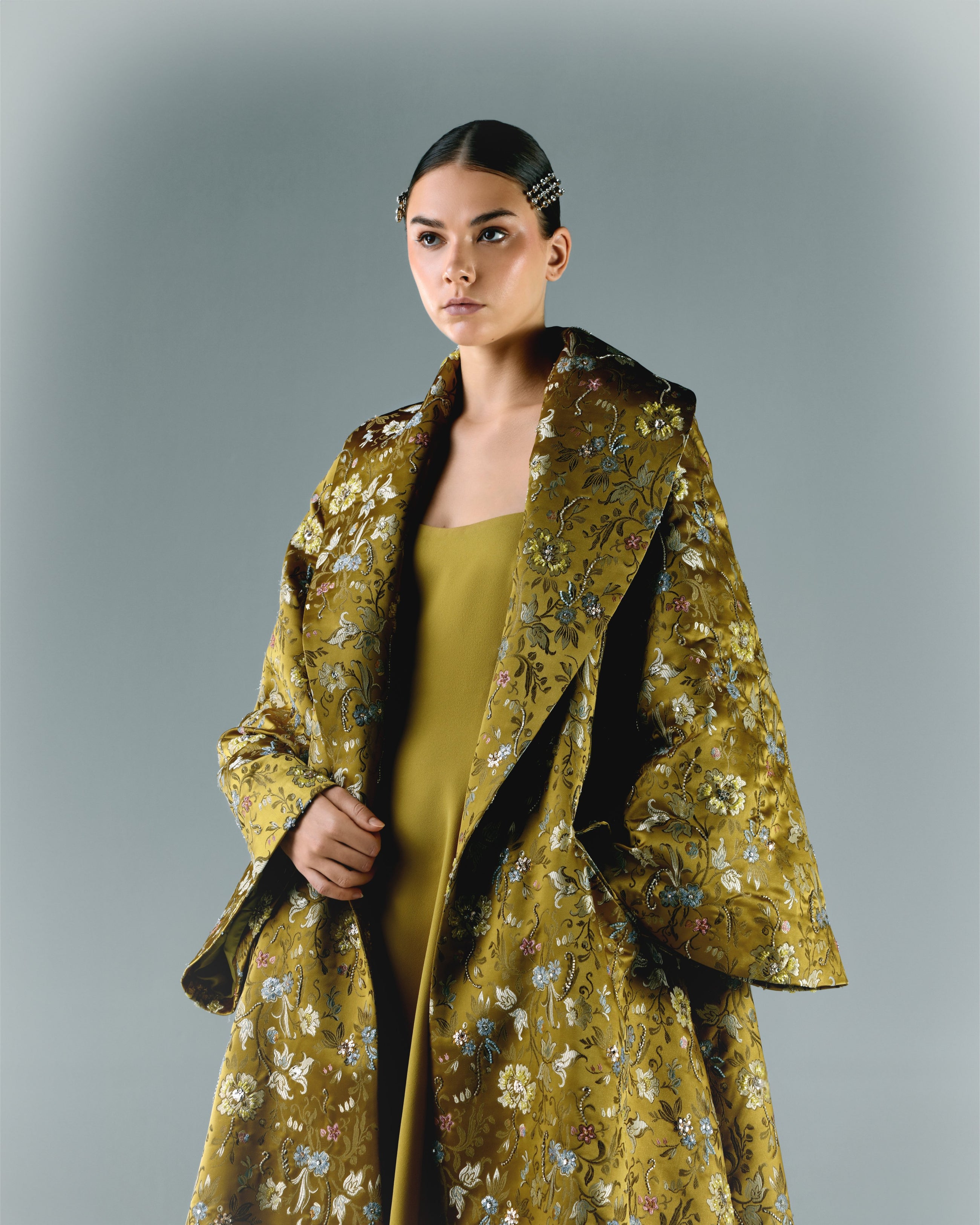 Embroidered Brocade Long Jacket