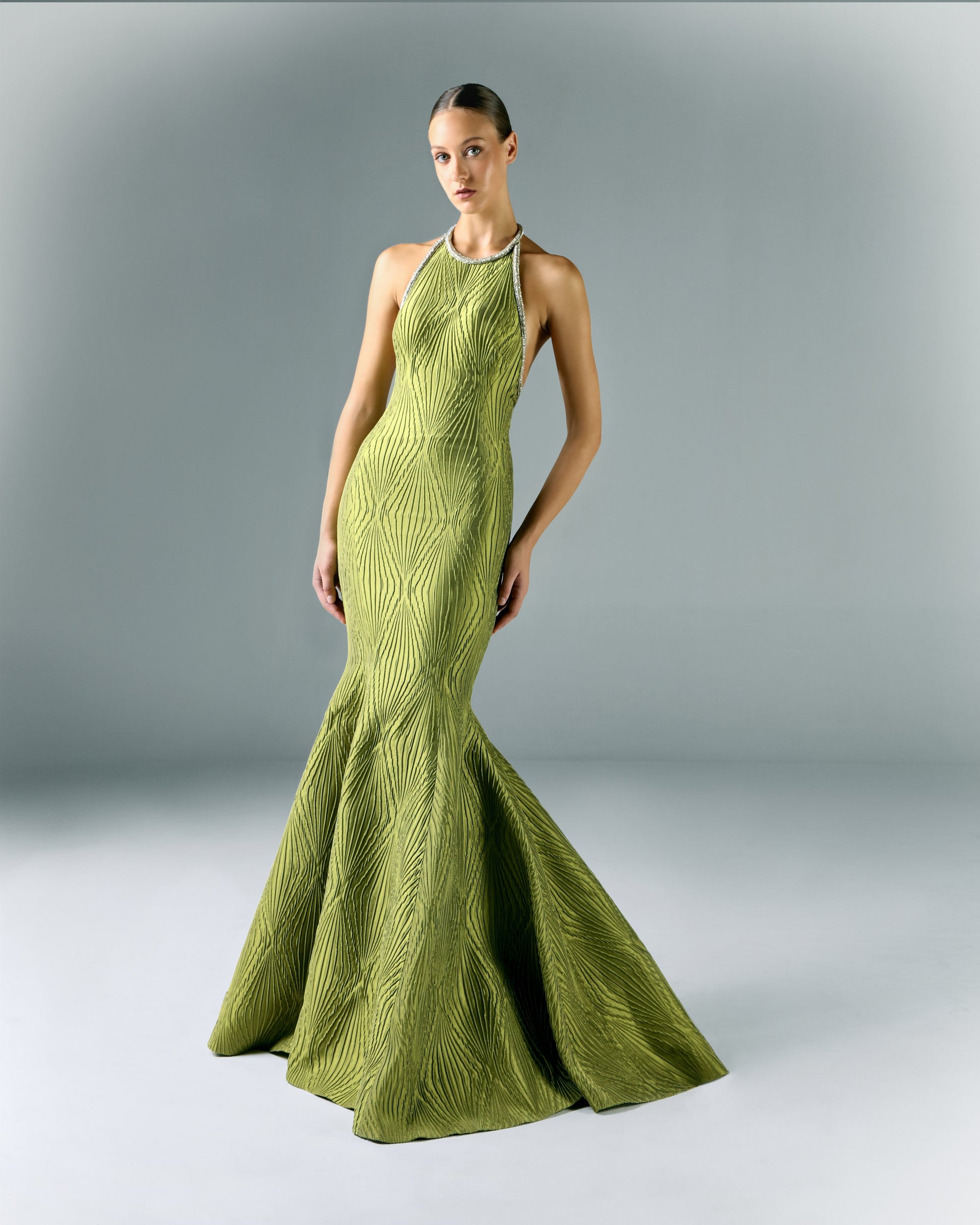 Long Brocade Dress with Embroidered Border