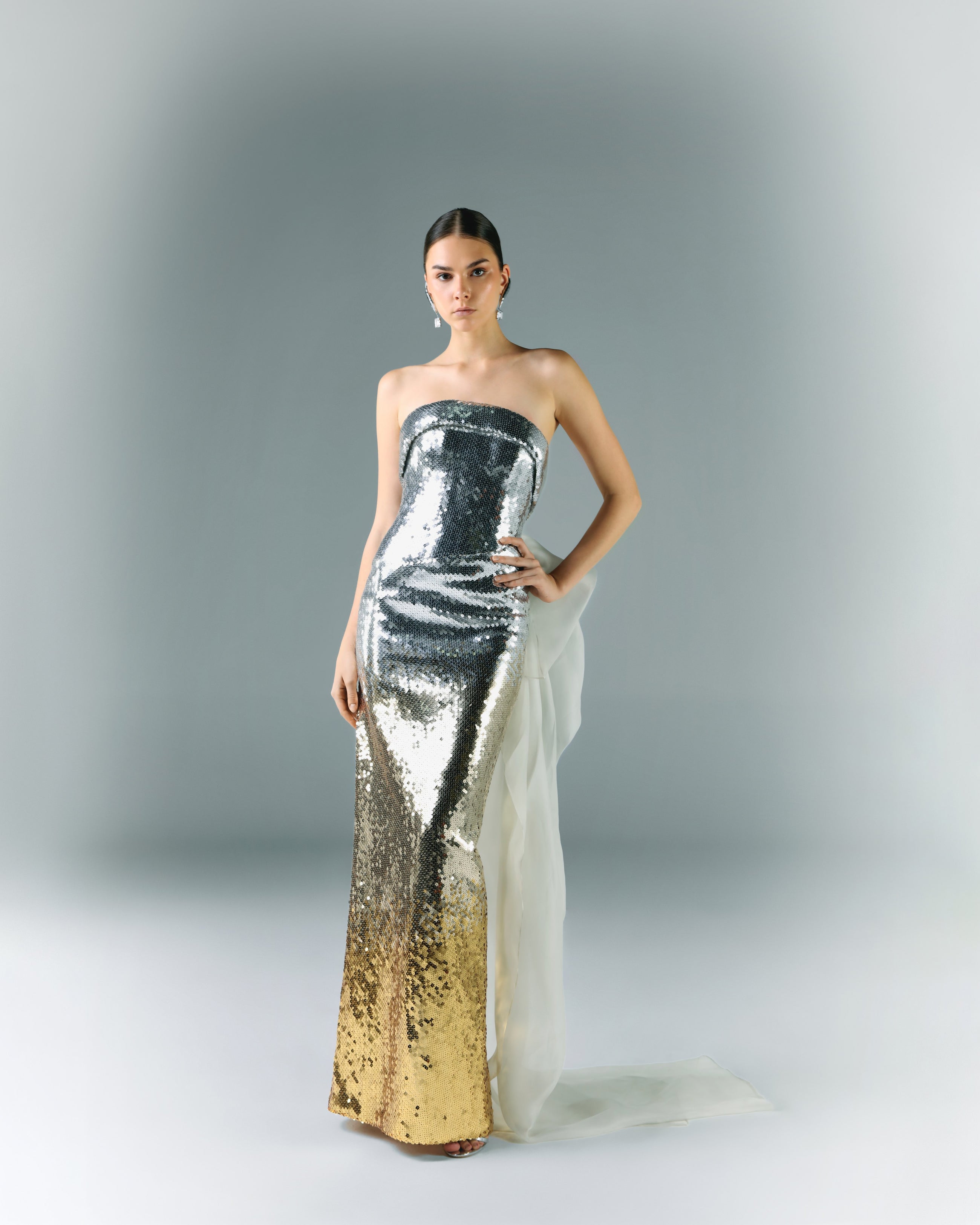 Strapless Payette Ombre Dress With Flowy Organza | Elio Abou Fayssal Strapless Payette Ombre Dress With Flowy Organza | Elio Abou Fayssal