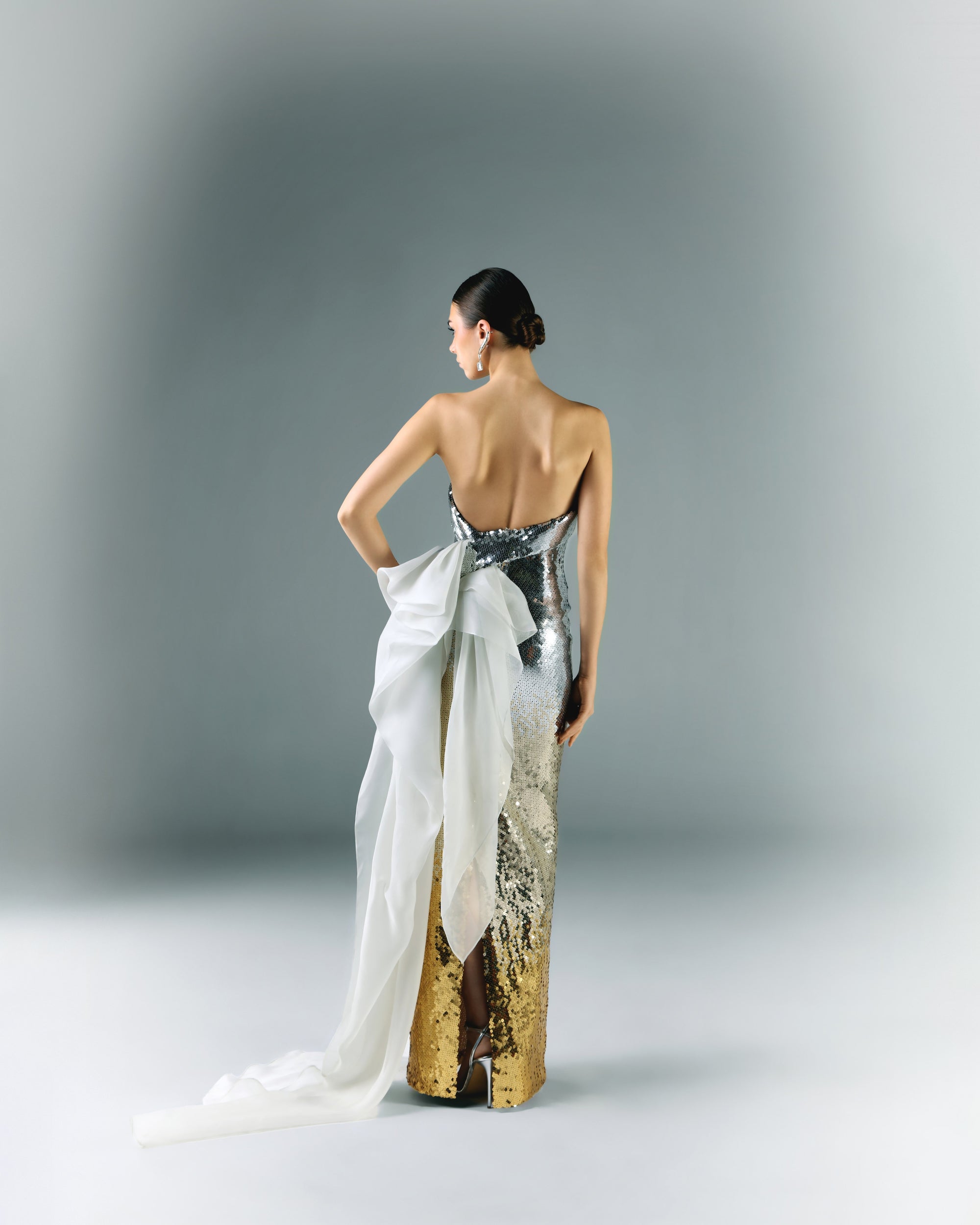 Strapless Payette Ombre Dress With Flowy Organza Strapless Payette Ombre Dress With Flowy Organza