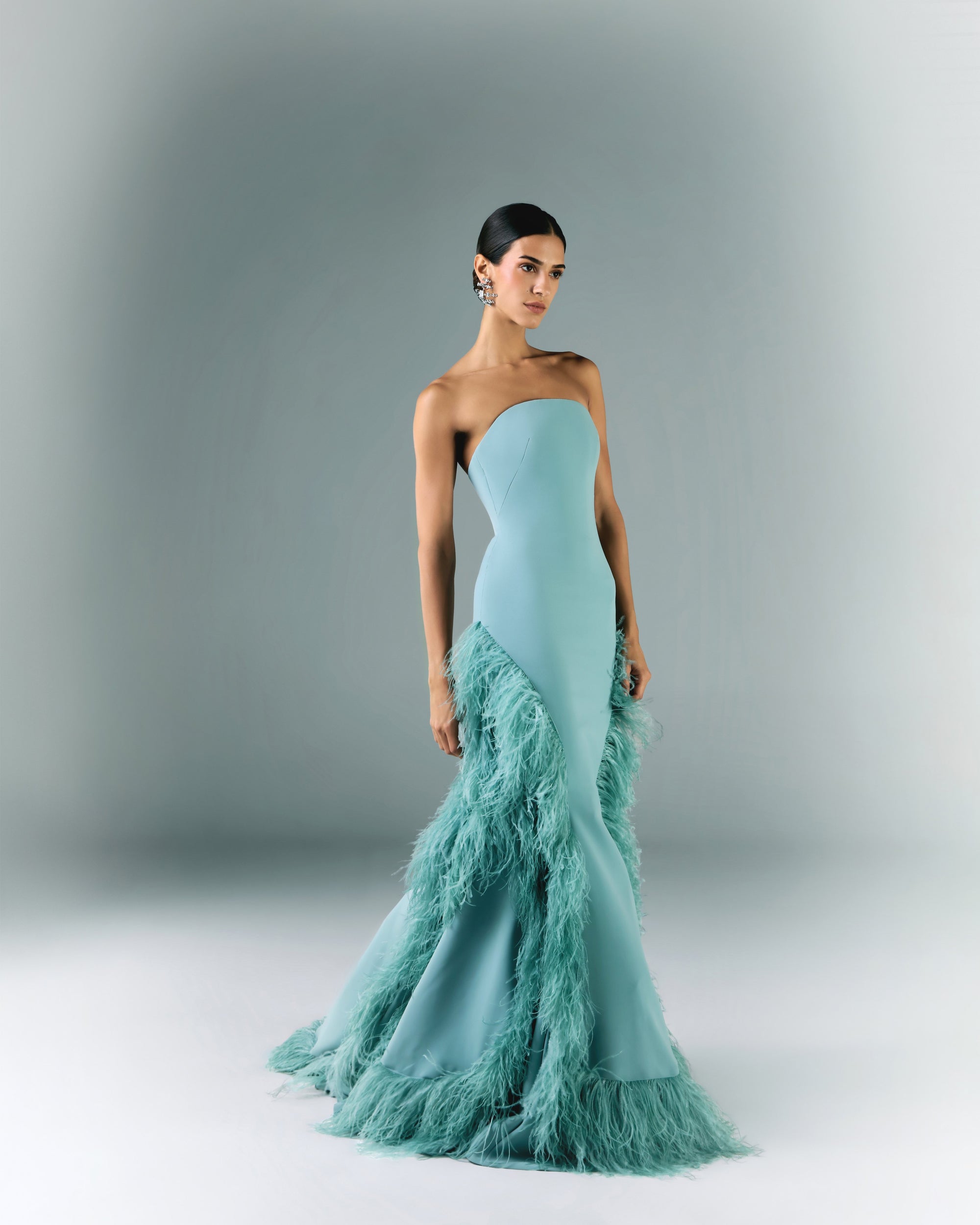 Long Strapless Dress With Feather Cutouts | Elio Abou Fayssal Long Strapless Dress With Feather Cutouts | Elio Abou Fayssal
