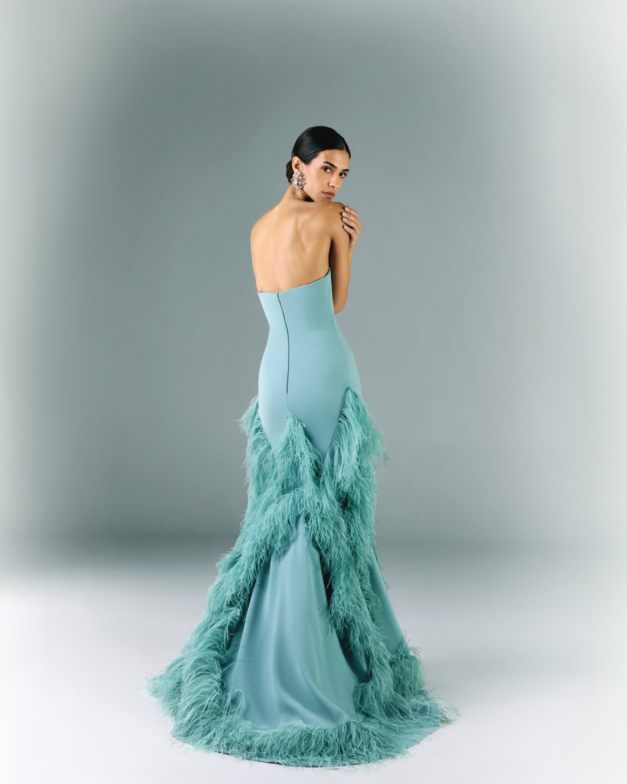 Long Strapless Dress With Feather Cutouts