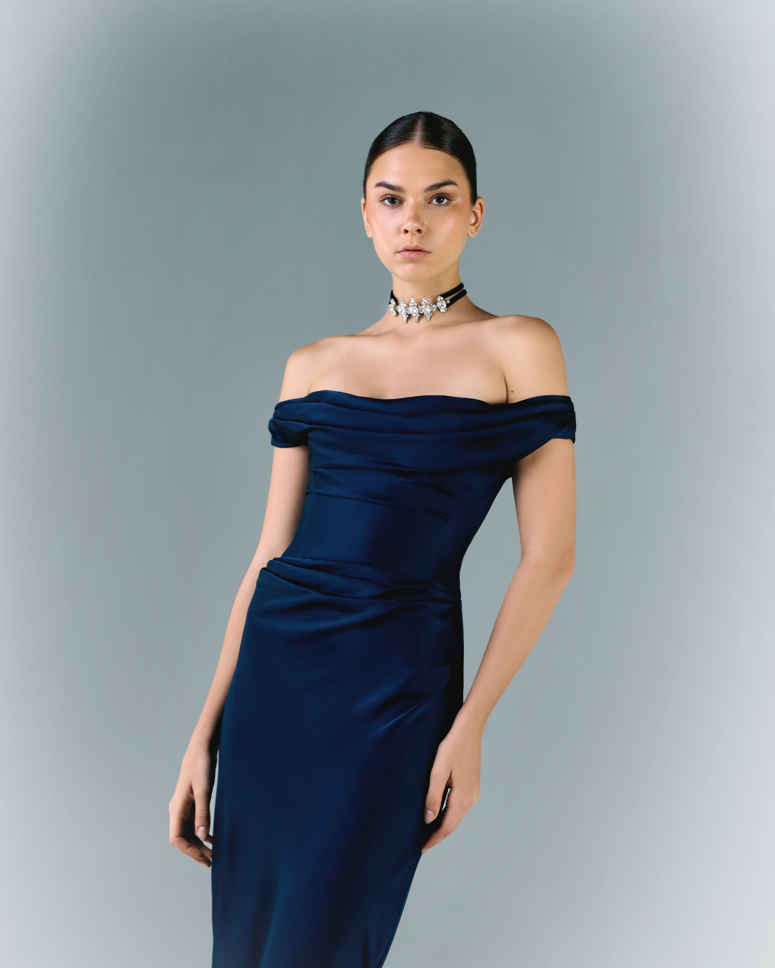 draped off the shoulder dress Long Off Shoulder Draped Dress