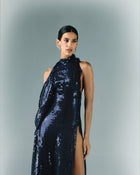 Long Sequins Dress With Drapes On The Side