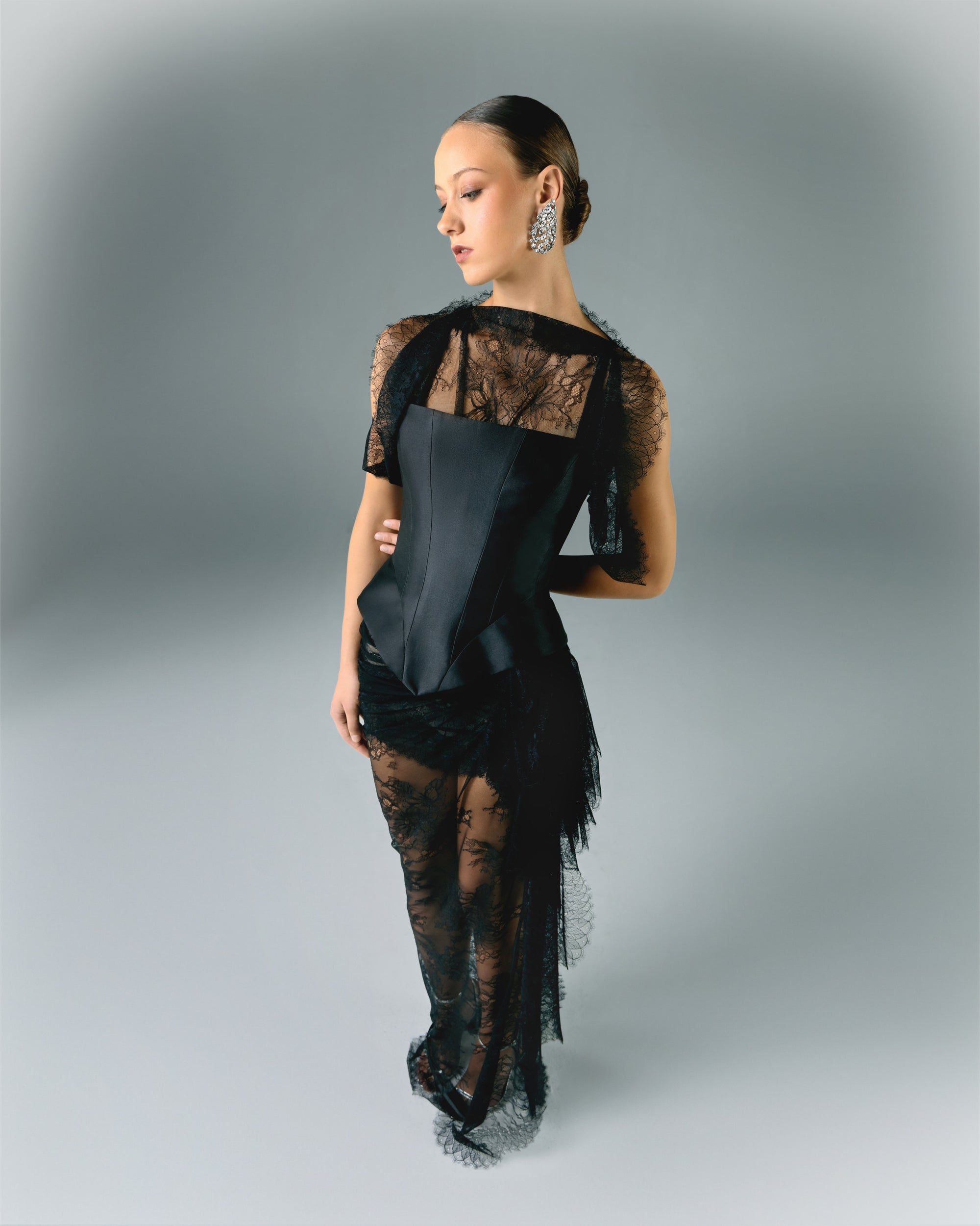 Lace Dress With Mikado Corset | Elio Abou Fayssal Lace Dress With Mikado Corset | Elio Abou Fayssal