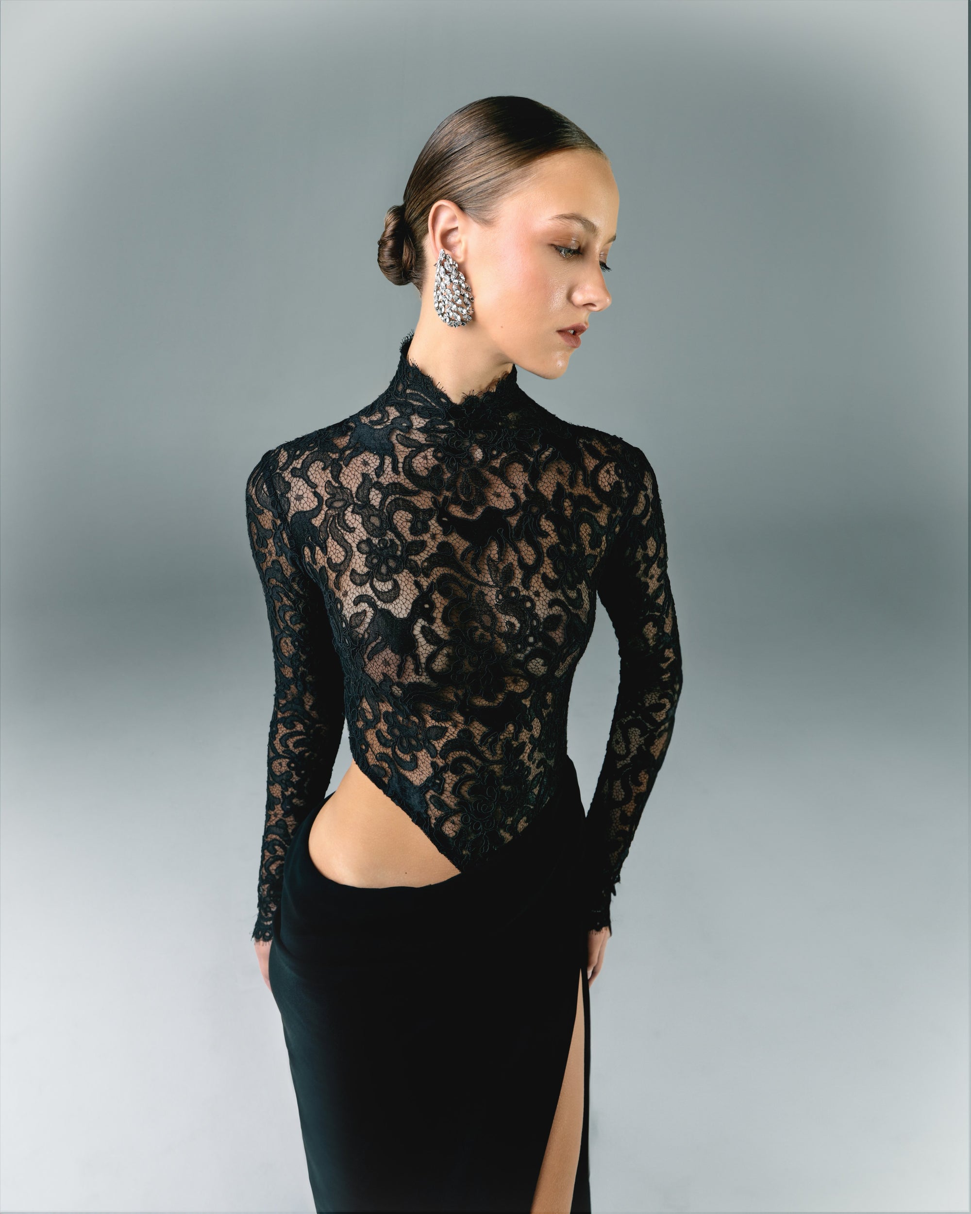 Lace And Crepe Long Dress With V Side Slit | Elio Abou Fayssal Lace And Crepe Long Dress With V Side Slit | Elio Abou Fayssal