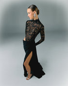 Lace And Crepe Long Dress With V Side Slit