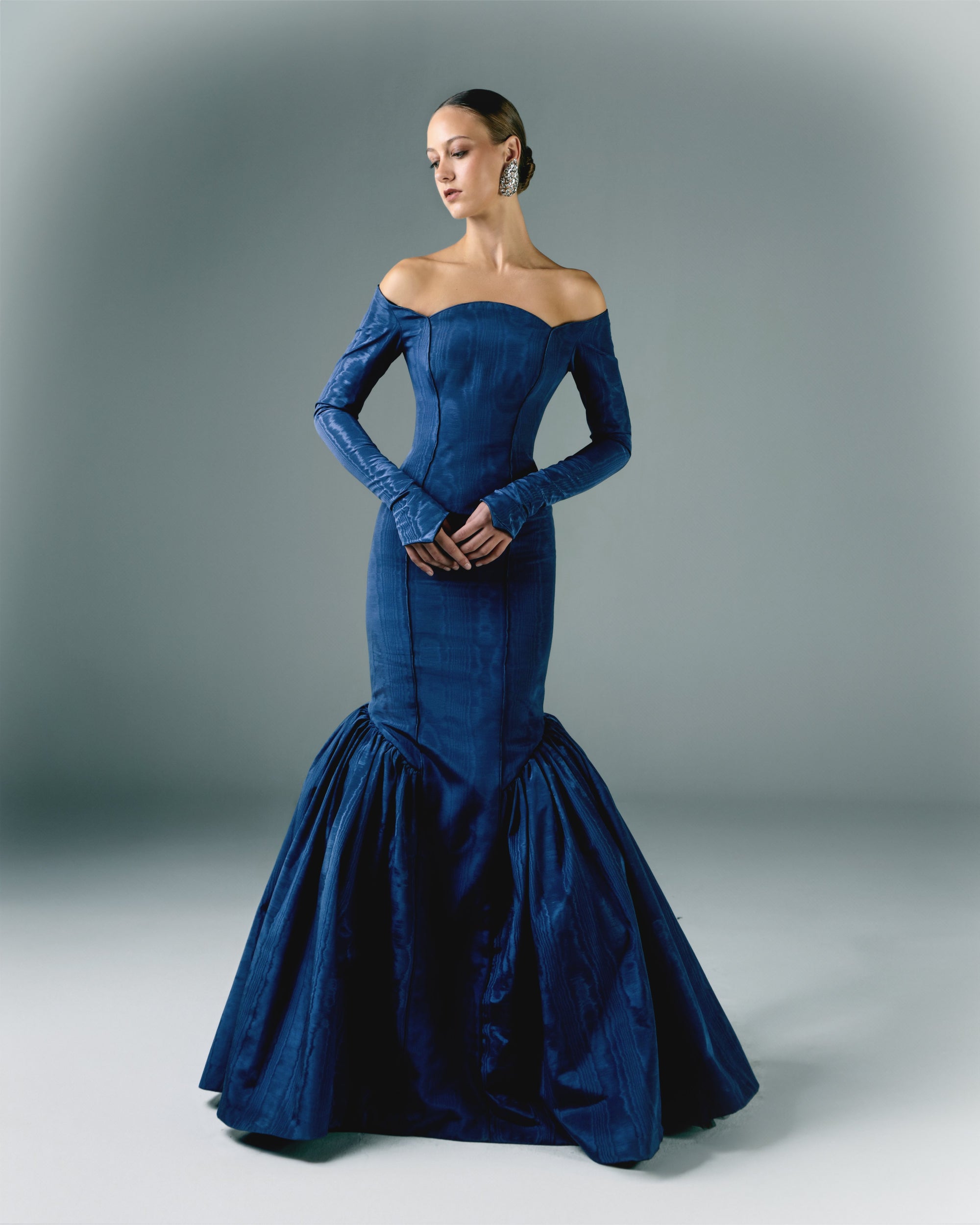 Off-shoulder Long Moire Dress With Sleeves | Elio Abou Fayssal Off-shoulder Long Moire Dress With Sleeves | Elio Abou Fayssal