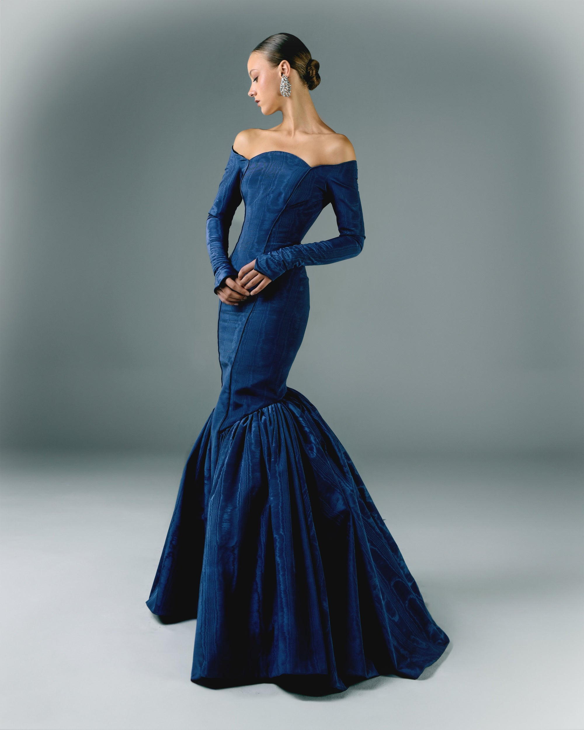 Off-shoulder Long Moire Dress With Sleeves 44 Off-shoulder Long Moire Dress With Sleeves 44