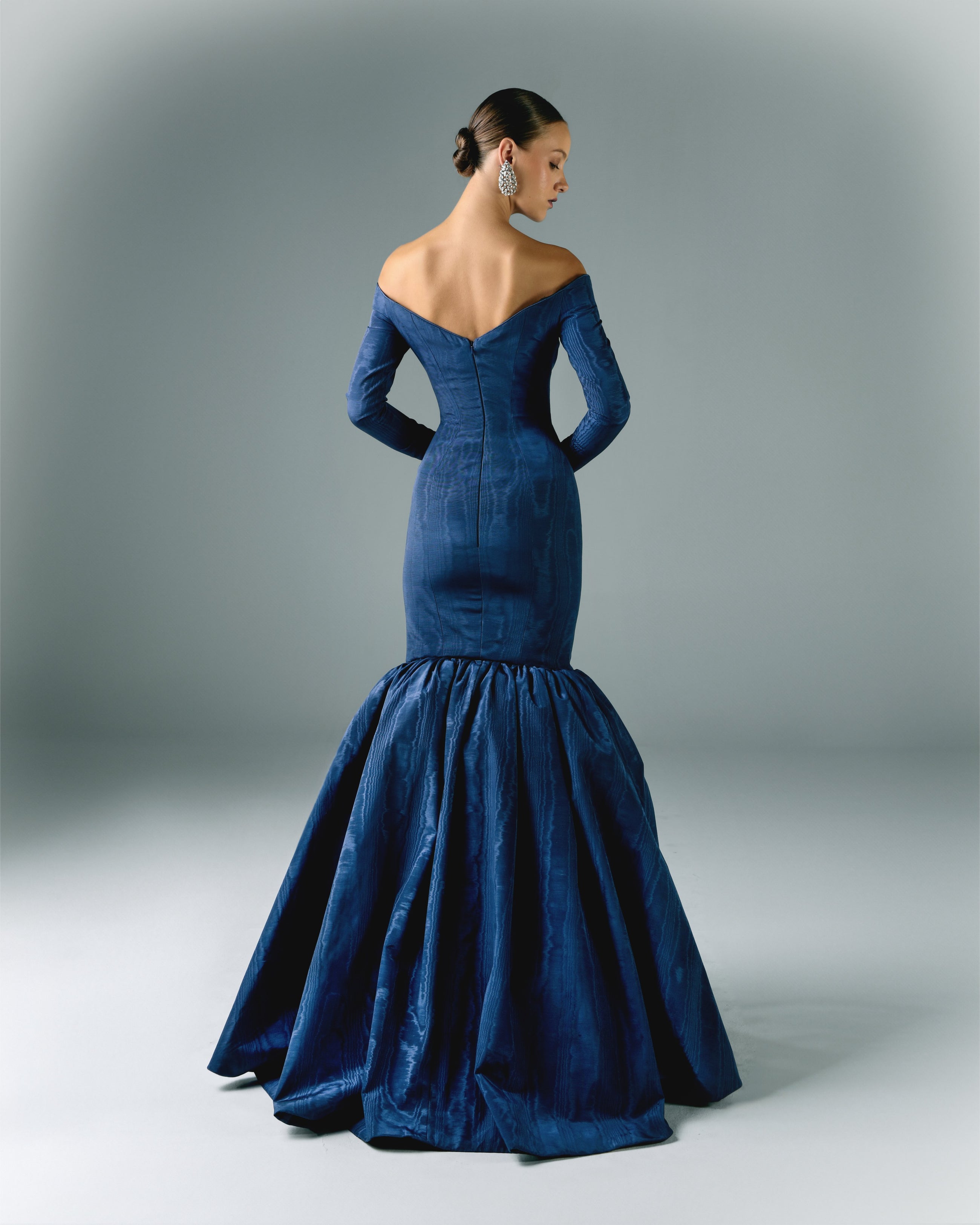 Off-shoulder Long Moire Dress With Sleeves Off-shoulder Long Moire Dress With Sleeves