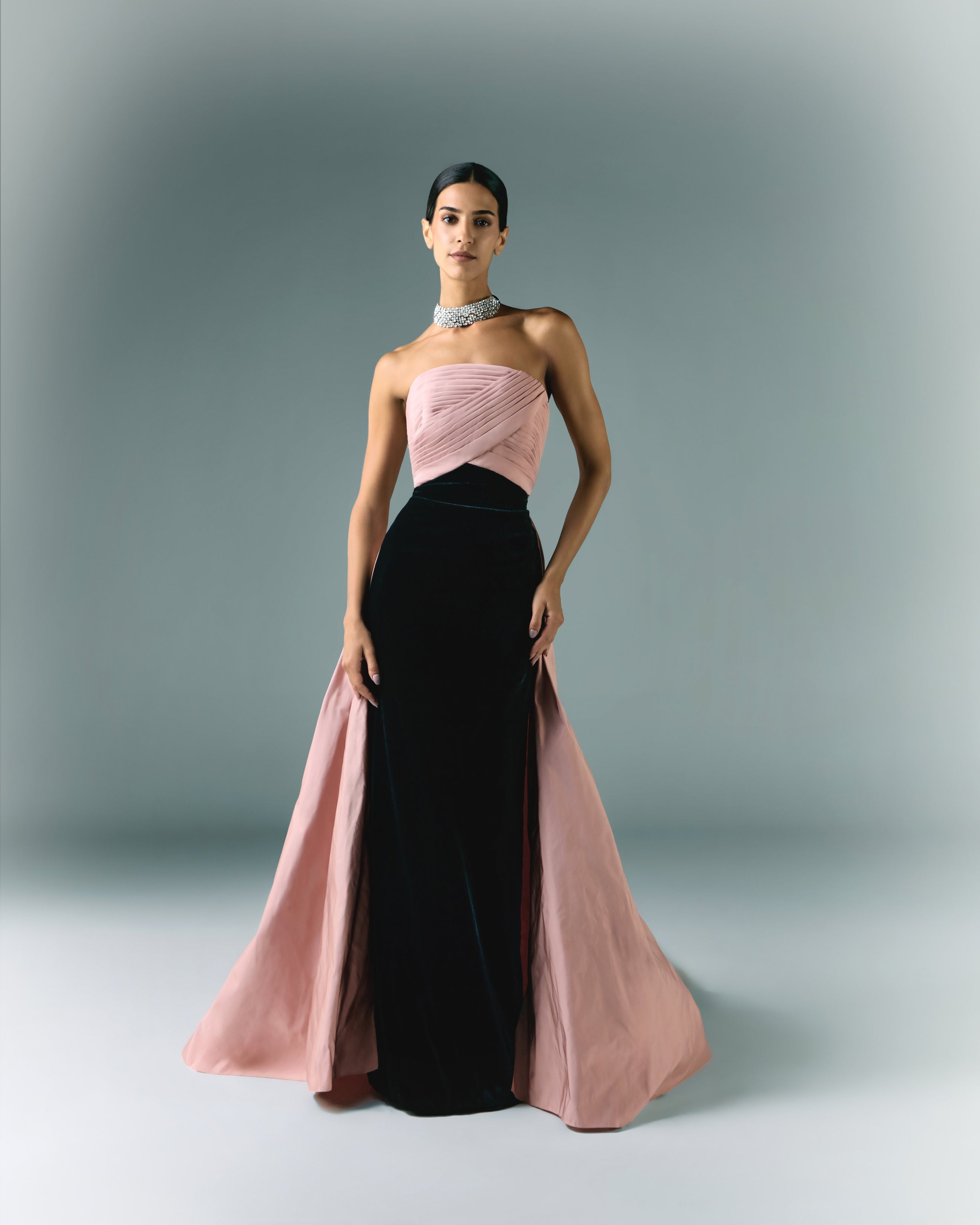 Draped Taffeta With Velvet Long Dress