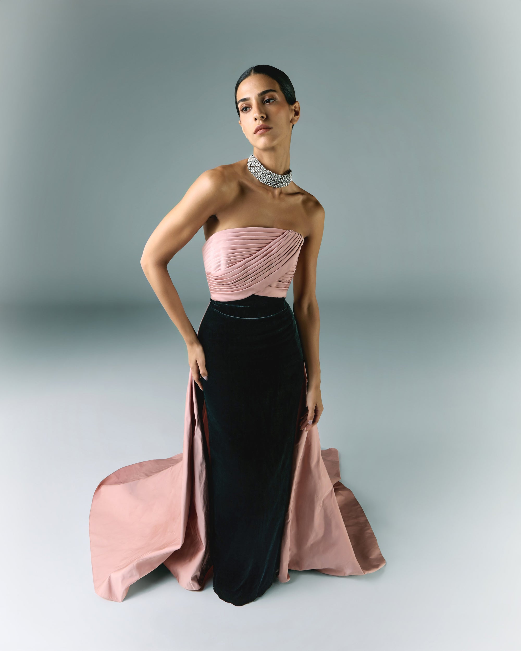 Draped Taffeta With Velvet Long Dress