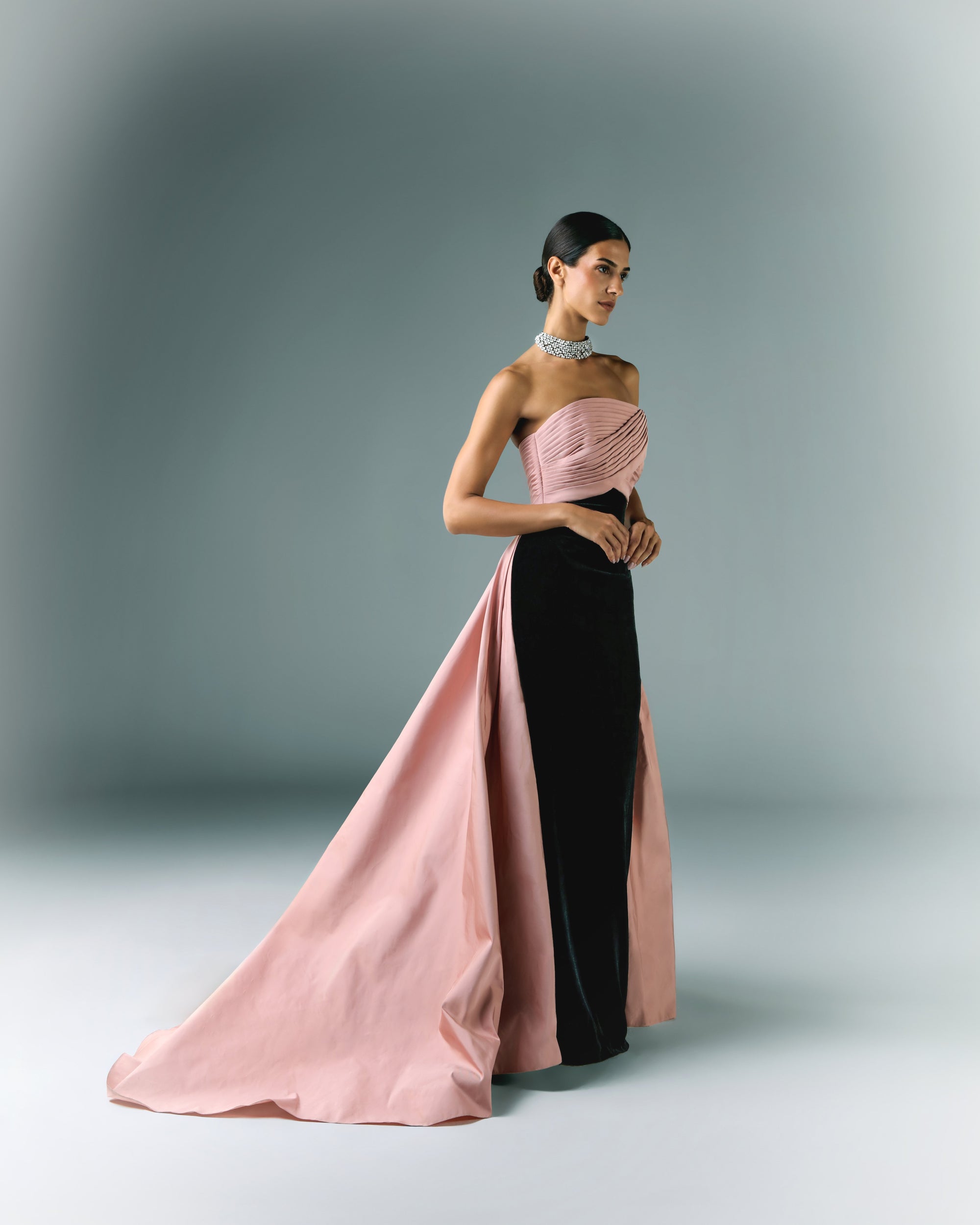 Pleated bodice velvet dress with taffeta drapes FR 42 / Multicolor Pleated bodice velvet dress with taffeta drapes FR 42 / Multicolor