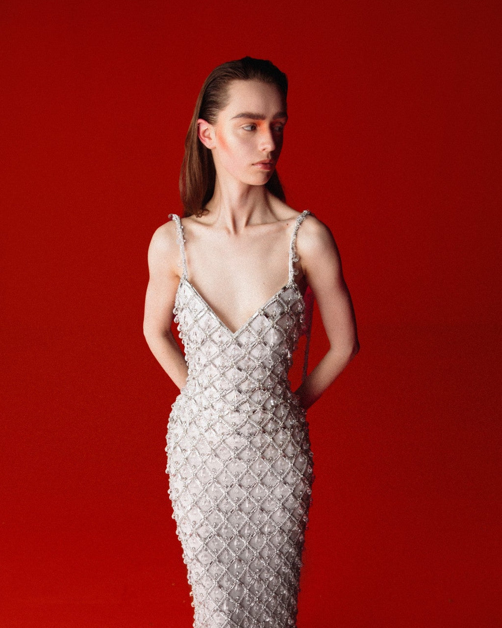 A model wearing a floor-length, silver beaded gown with thin straps and a deep V-neckline, standing against a solid red studio background.