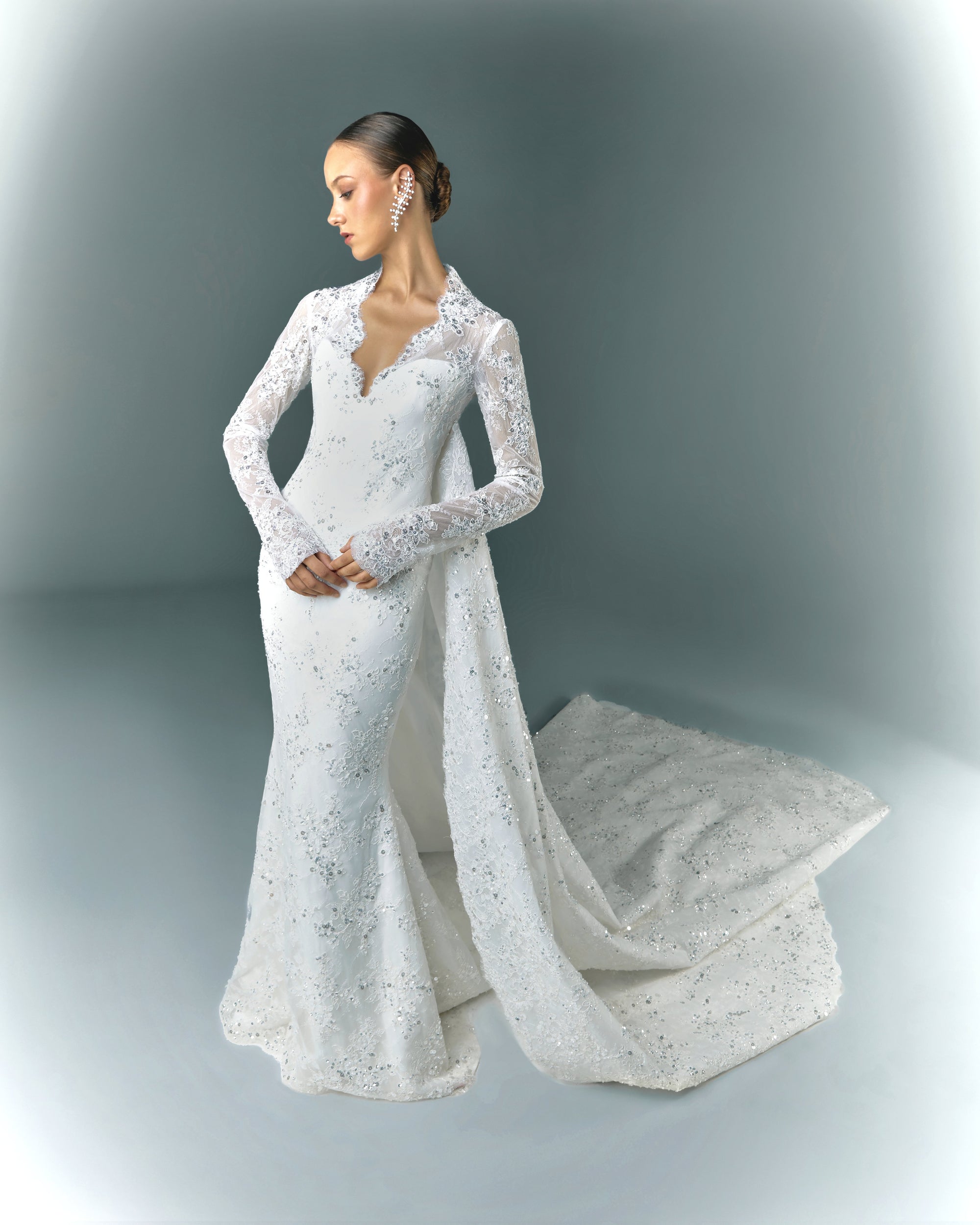 Lace Embroidered Wedding Dress With Sleeves | Elio Abou Fayssal Lace Embroidered Wedding Dress With Sleeves | Elio Abou Fayssal