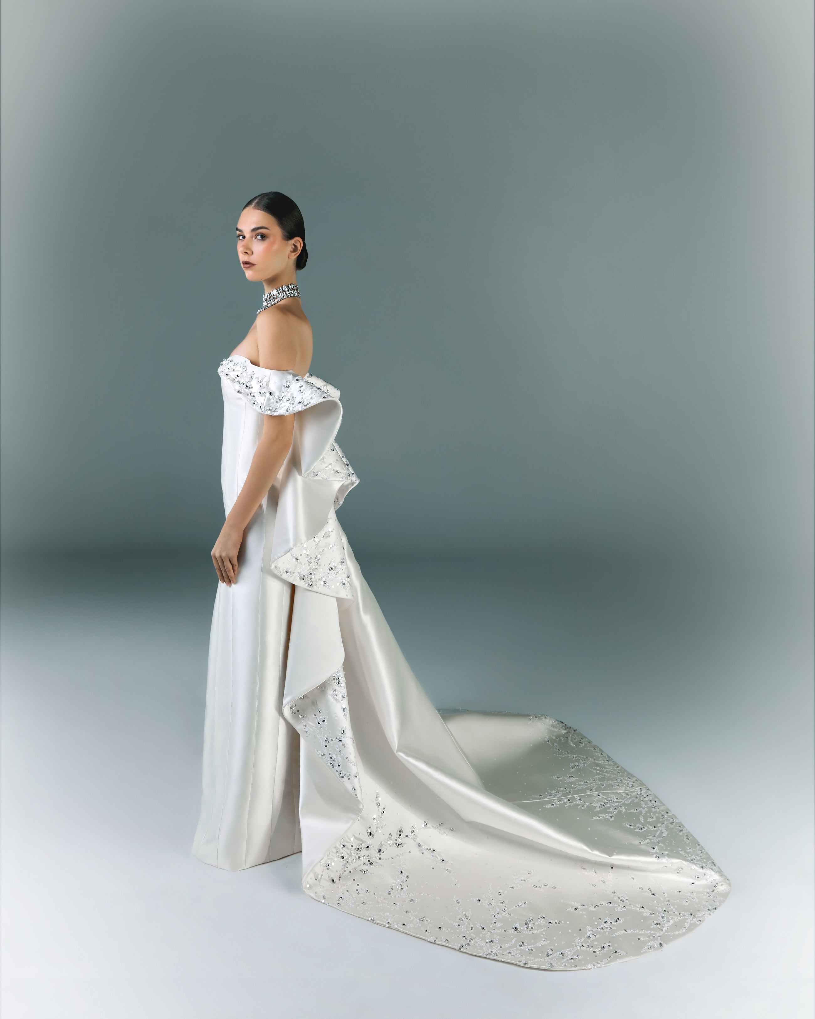 Off-Shoulder Bridal Mikado Dress With Volumed Embroidered Cape