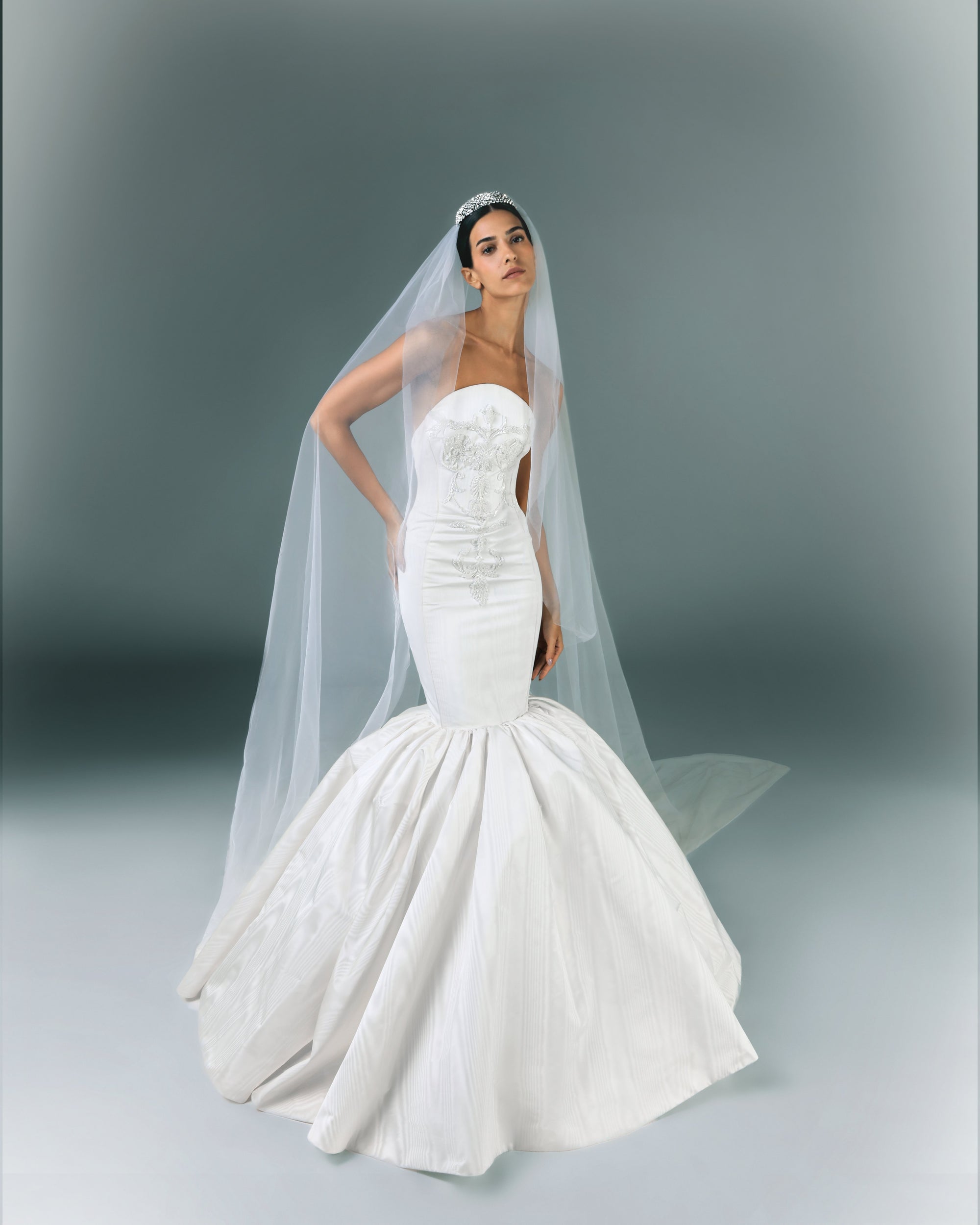 Long Embroidered Strapless Moire Bridal Dress