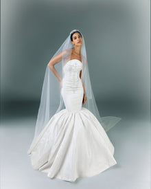 Long Embroidered Strapless Moire Bridal Dress