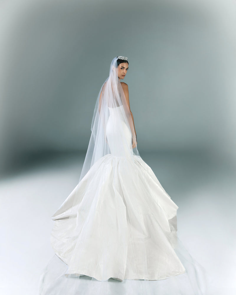 Long Embroidered Strapless Moire Bridal Dress