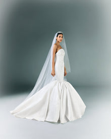 Long Embroidered Strapless Moire Bridal Dress