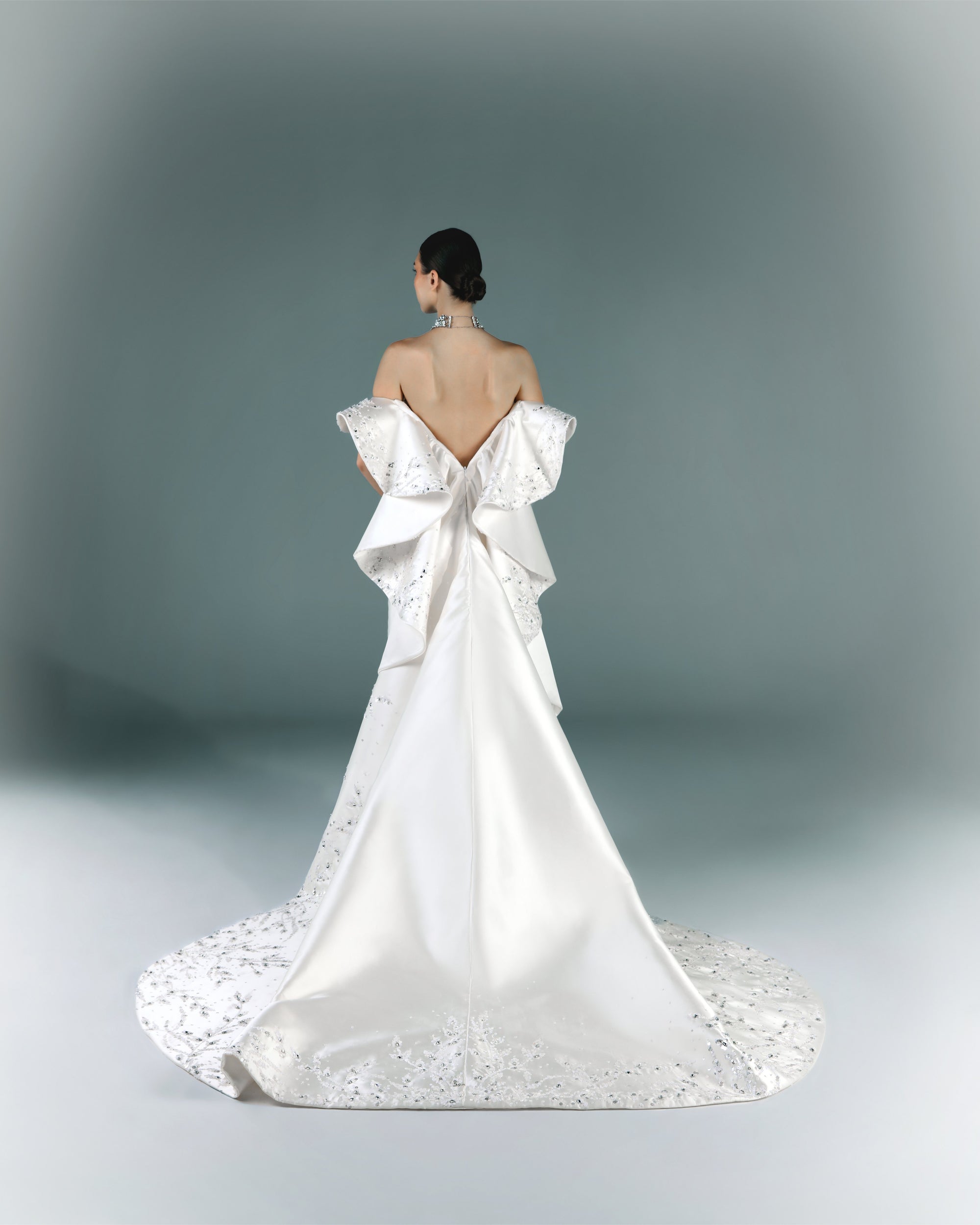 Off-Shoulder Bridal Mikado Dress With Volumed Embroidered Cape