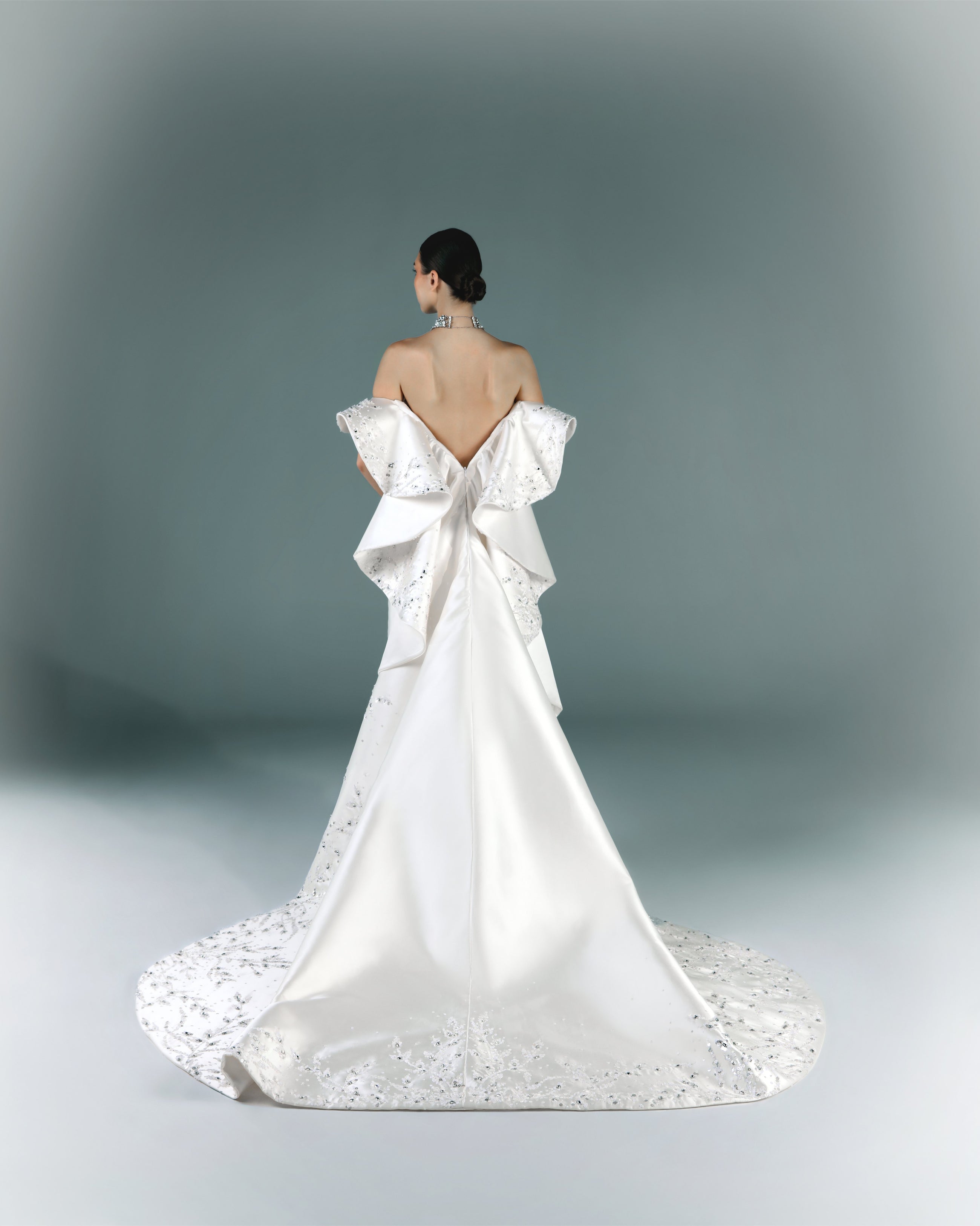 Off-Shoulder Bridal Mikado Dress With Volumed Embroidered Cape